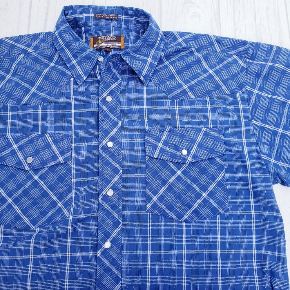 Mens Outlaw Blue Plaid Western Pearl Snap Short Sleeve Mens Top Large